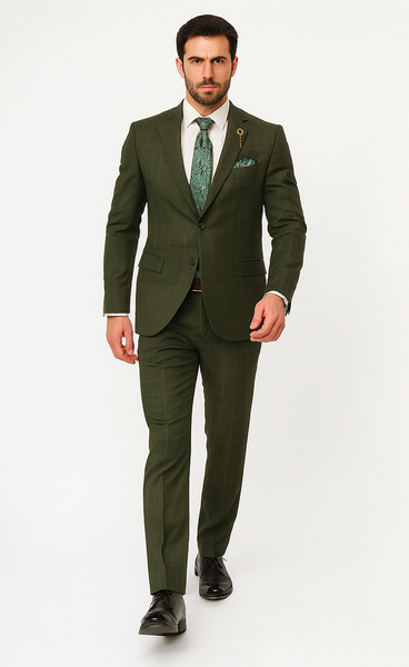 Regular Fit Olive Green Glen Plaid Three-Piece Suit