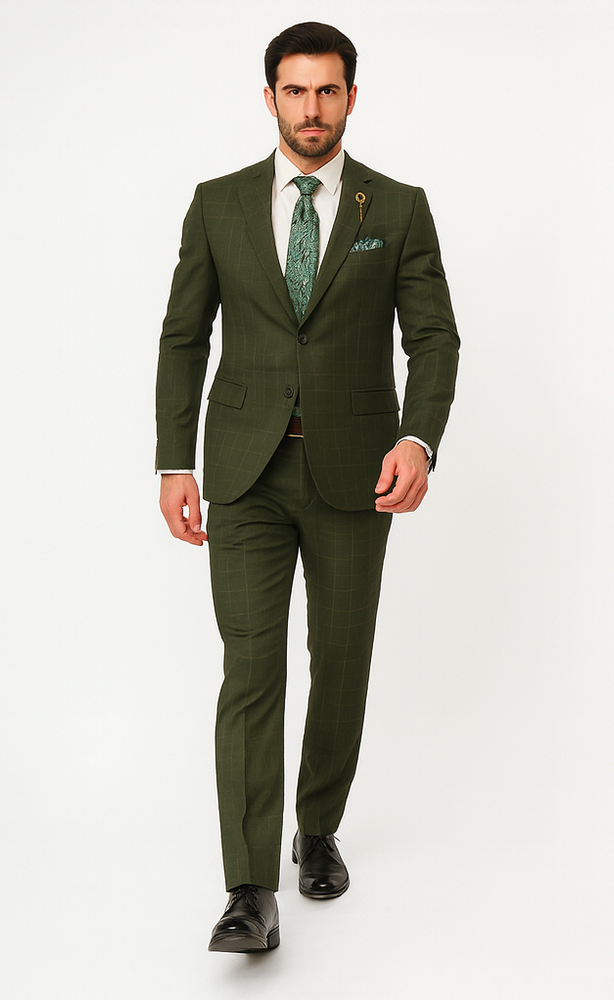 Regular Fit Olive Green Glen Plaid Three-Piece Suit