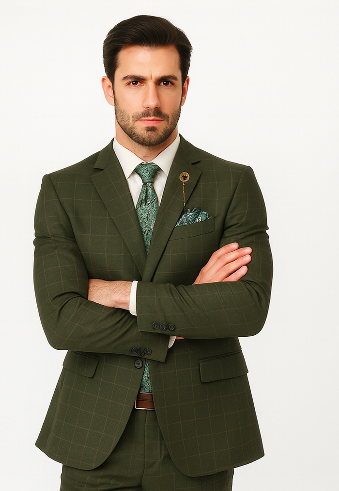 Regular Fit Olive Green Glen Plaid Three-Piece Suit