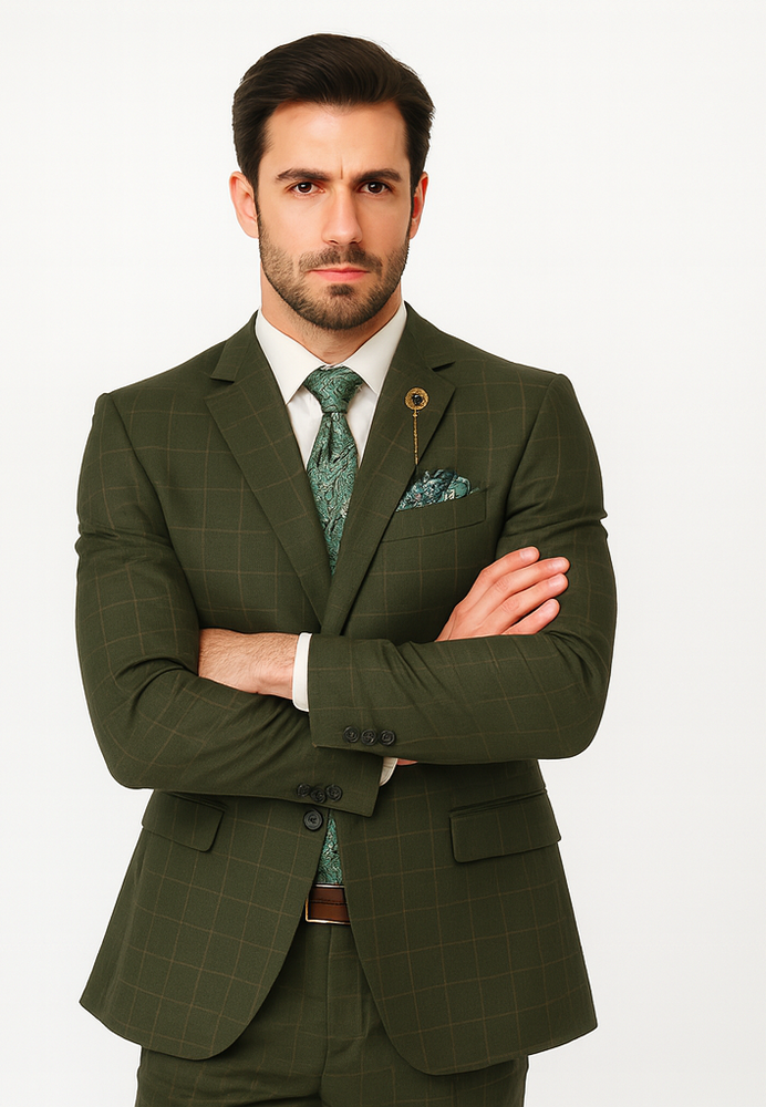 Regular Fit Olive Green Glen Plaid Three-Piece Suit