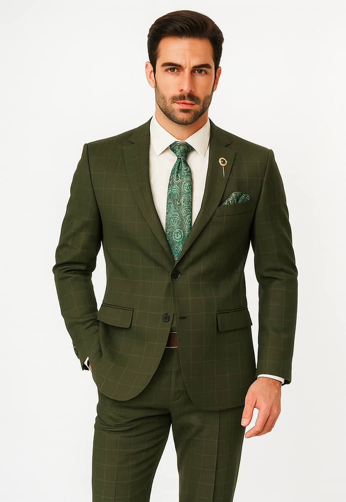 Regular Fit Olive Green Glen Plaid Three-Piece Suit