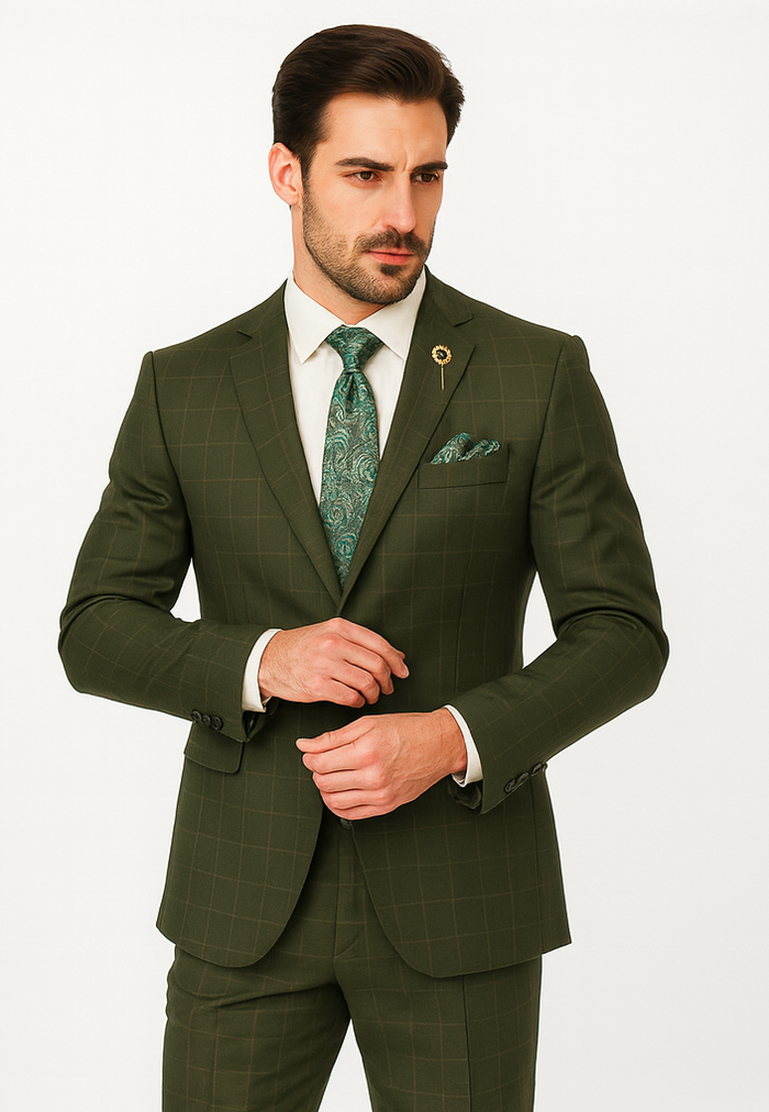 Regular Fit Olive Green Glen Plaid Three-Piece Suit