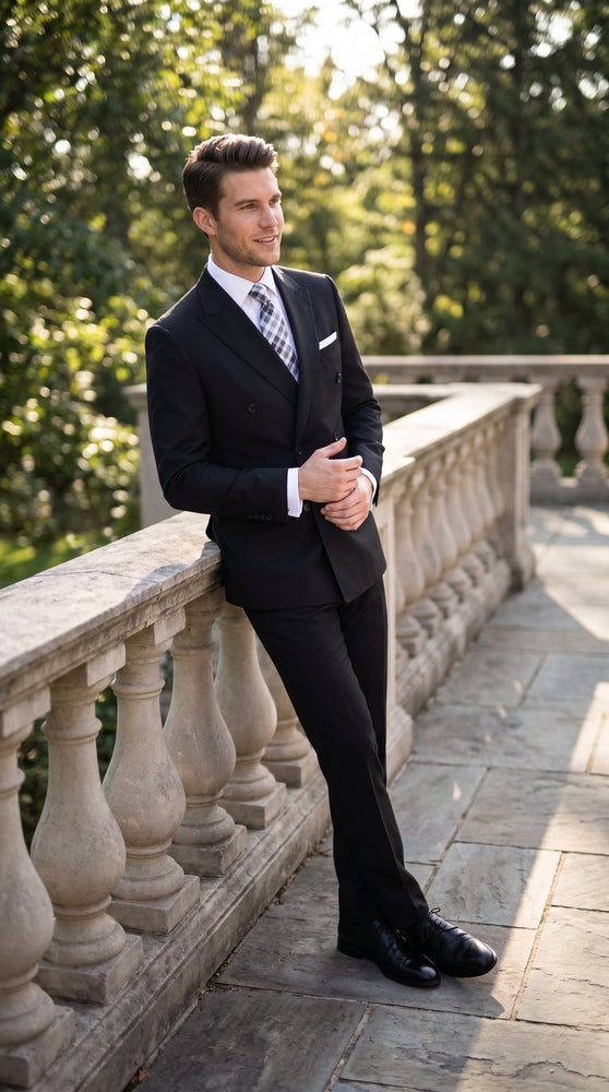 Statement Confidence Men’s Black Double Breasted Wool Suit, Italian Design Formal Wedding Business Suit