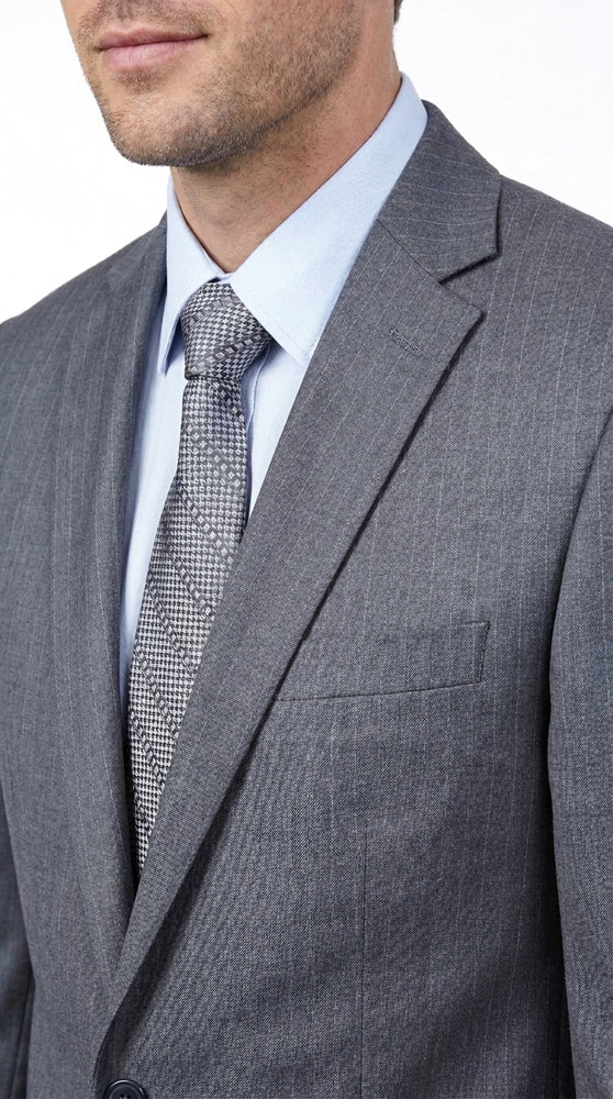 Men’s Grey Pinstripe 2 Button Suit, 2 Piece Business Wedding Formal Dress Suit