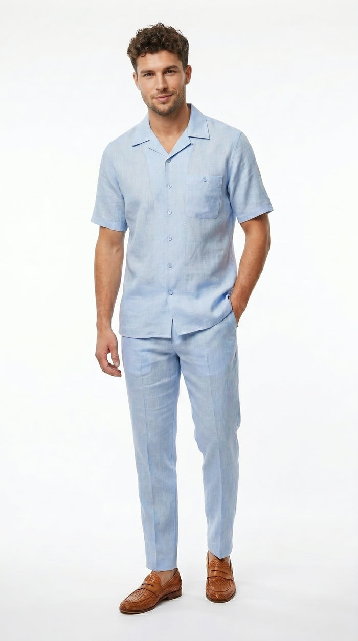 Men’s Light Blue Linen Walking Suit with Short Sleeve Shirt and Matching Pants, Summer Casual Outfit