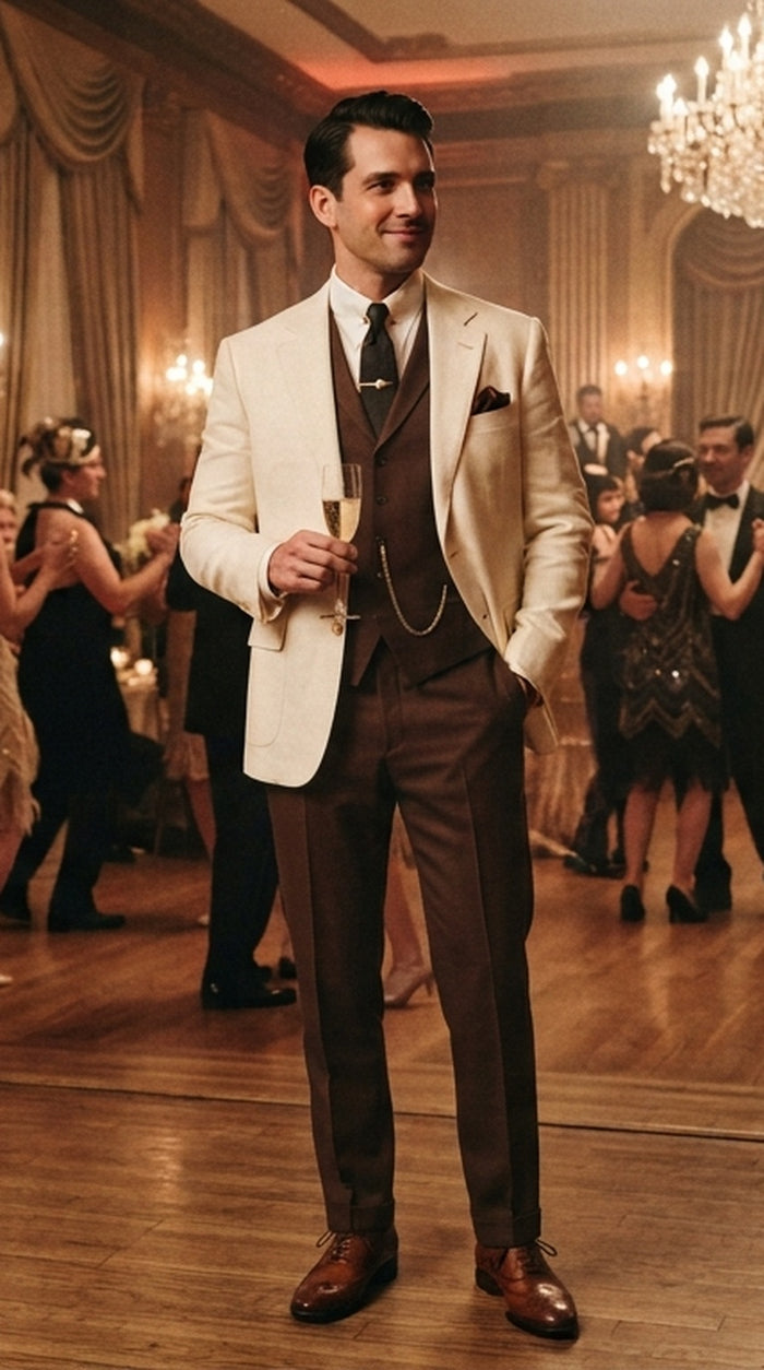 Great Gatsby 1920s ivory Dinner Jacket with Brown Vest and Pants Crema off White Collor Outfit