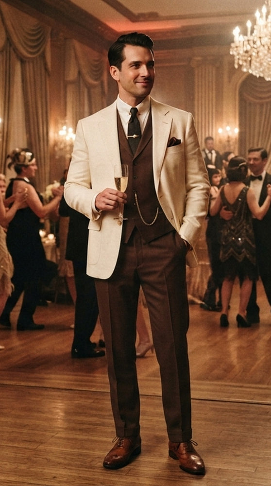Great Gatsby 1920s ivory Dinner Jacket with Brown Vest and Pants Crema off White Collor Outfit