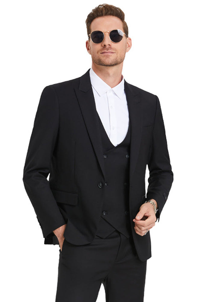 Men's Slim Fit Peak Lapel Double Breasted Vest in Black