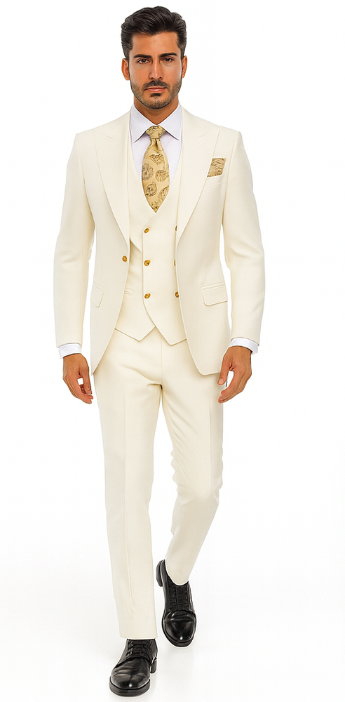 Rossi Man BOND RM1770 Slim Fit 3-Piece White Suit – 1-Button Peak Lapel Stylish Men’s Formalwear