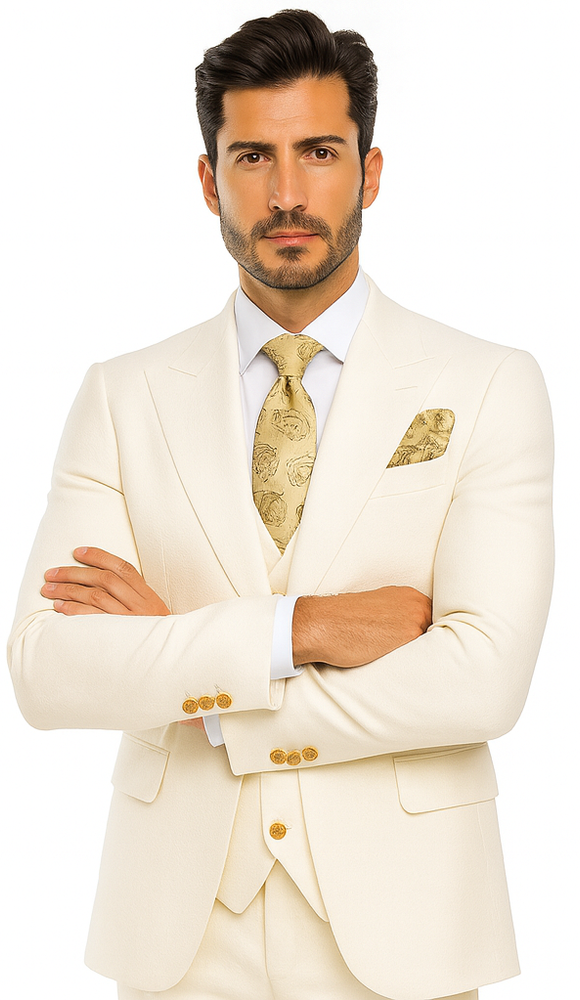 Rossi Man BOND RM1770 Slim Fit 3-Piece White Suit – 1-Button Peak Lapel Stylish Men’s Formalwear