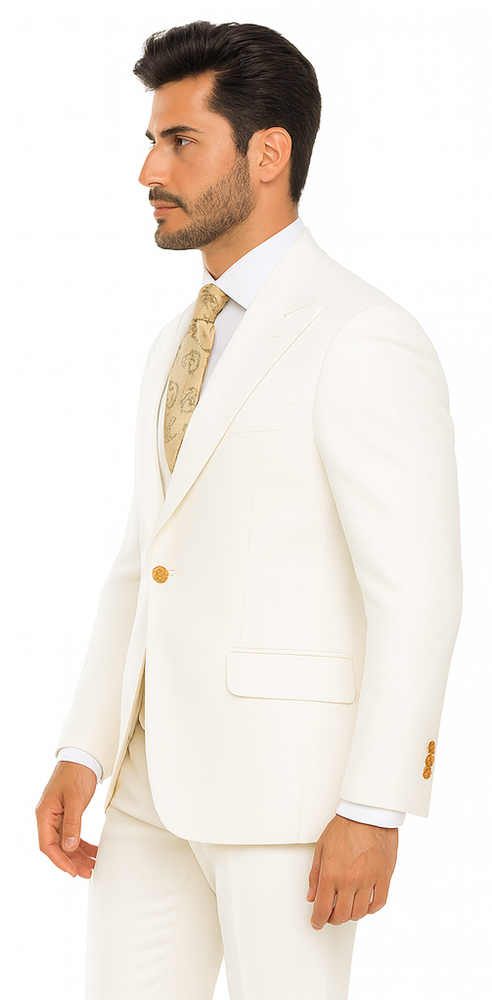 Rossi Man BOND RM1770 Slim Fit 3-Piece White Suit – 1-Button Peak Lapel Stylish Men’s Formalwear