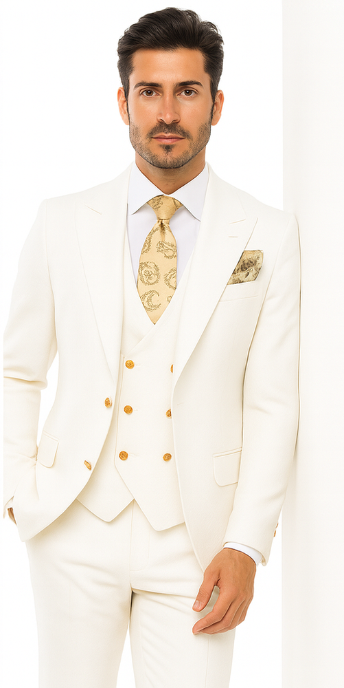 Rossi Man BOND RM1770 Slim Fit 3-Piece White Suit – 1-Button Peak Lapel Stylish Men’s Formalwear
