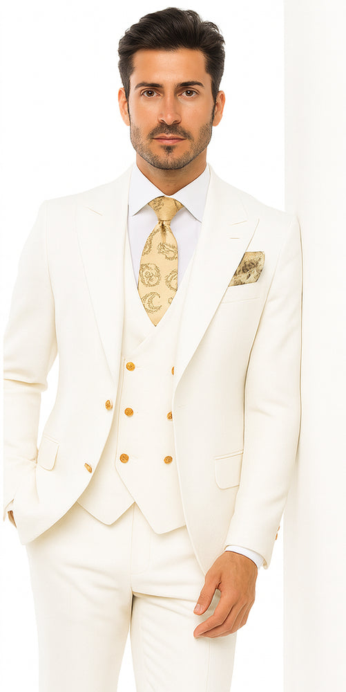 Rossi Man BOND RM1770 Slim Fit 3-Piece White Suit – 1-Button Peak Lapel Stylish Men’s Formalwear