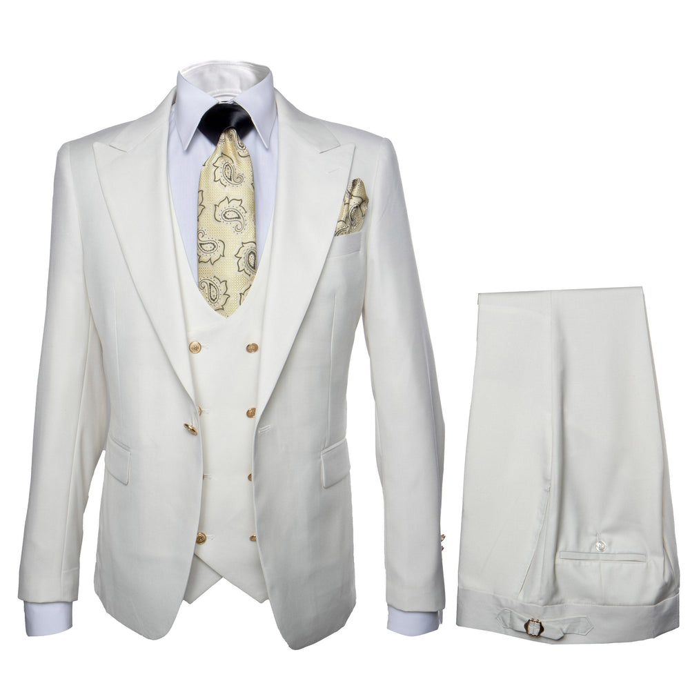 Rossi Man BOND RM1770 Slim Fit 3-Piece White Suit – 1-Button Peak Lapel Stylish Men’s Formalwear