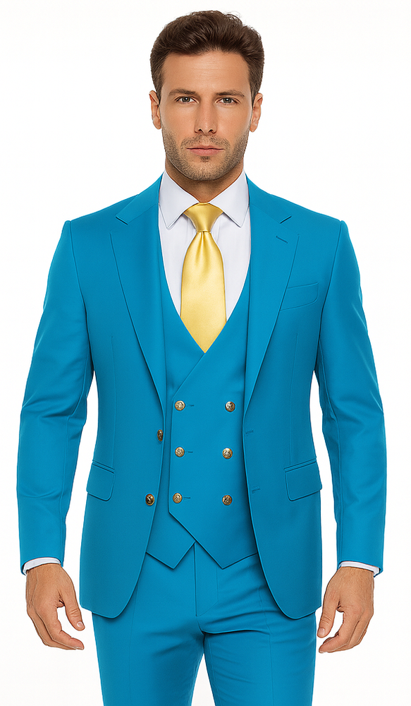 Rossi Man BOND RM1776 Slim Fit 3-Piece Suit – Turquoise Blue Men’s Formalwear