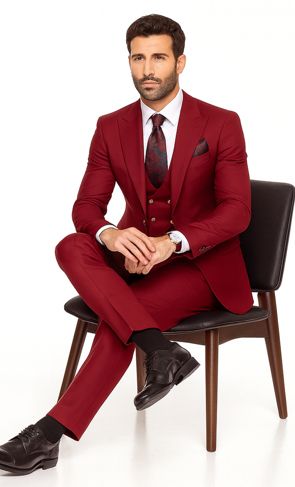 Rossi Man BOND RM1777 Slim Fit 3-Piece Red Suit – Modern Men’s Formalwear