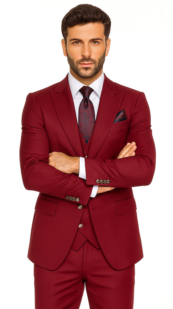 Rossi Man BOND RM1777 Slim Fit 3-Piece Red Suit – Modern Men’s Formalwear