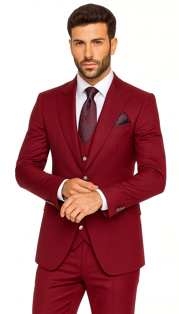 Rossi Man BOND RM1777 Slim Fit 3-Piece Red Suit – Modern Men’s Formalwear