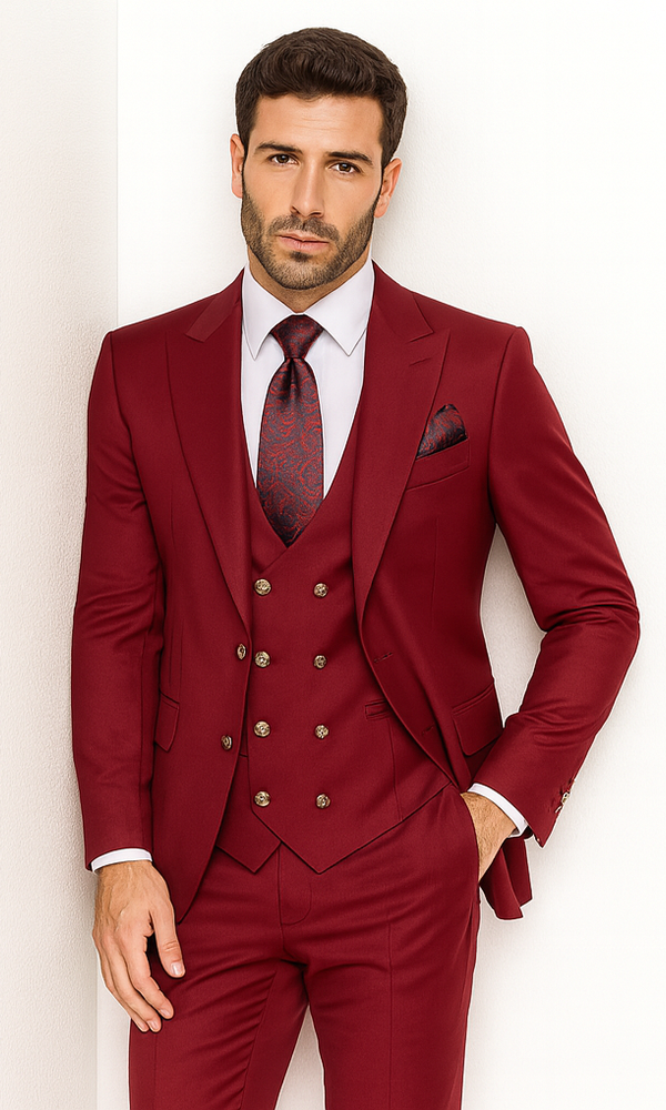 Rossi Man BOND RM1777 Slim Fit 3-Piece Red Suit – Modern Men’s Formalwear