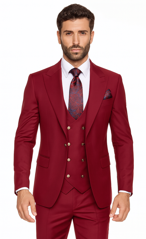 Rossi Man BOND RM1777 Slim Fit 3-Piece Red Suit – Modern Men’s Formalwear