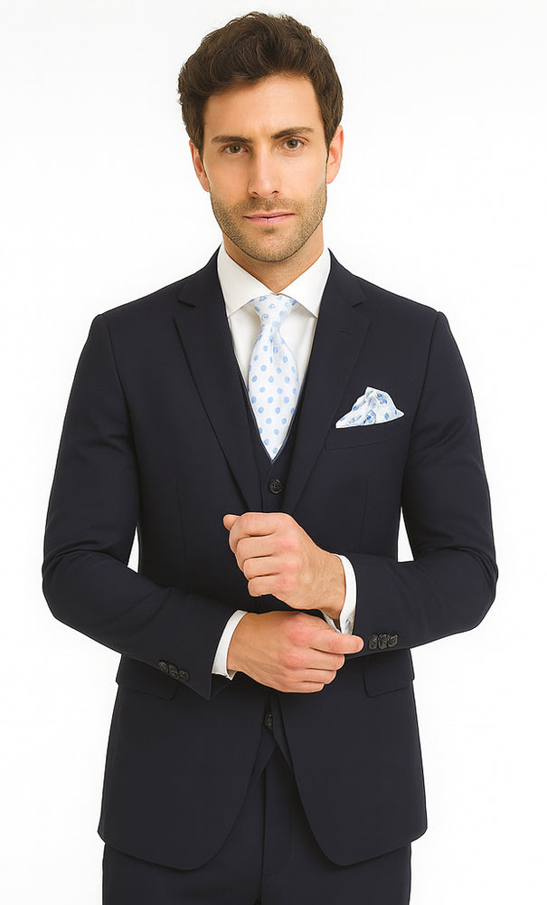 Rossi Man CYRUS RM116 Solid Navy Blue 3-Piece Suit – Men’s Formalwear