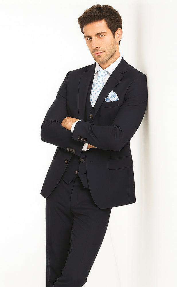 Rossi Man CYRUS RM116 Solid Navy Blue 3-Piece Suit – Men’s Formalwear