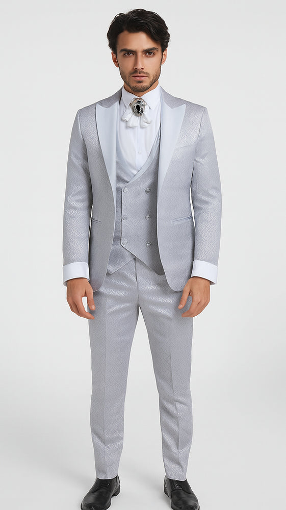 Rossi Man FORD RM1915 Men’s Slim Fit 3-Piece Silver Suit – Modern Formalwear for Events