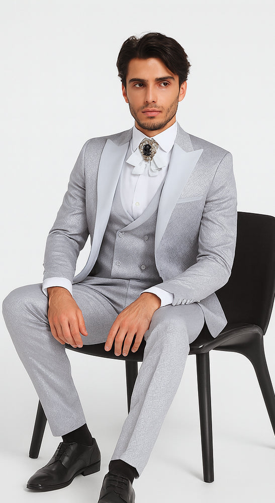 Rossi Man FORD RM1915 Men’s Slim Fit 3-Piece Silver Suit – Modern Formalwear for Events