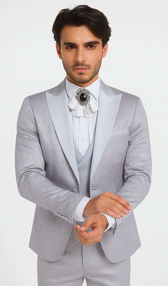 Rossi Man FORD RM1915 Men’s Slim Fit 3-Piece Silver Suit – Modern Formalwear for Events