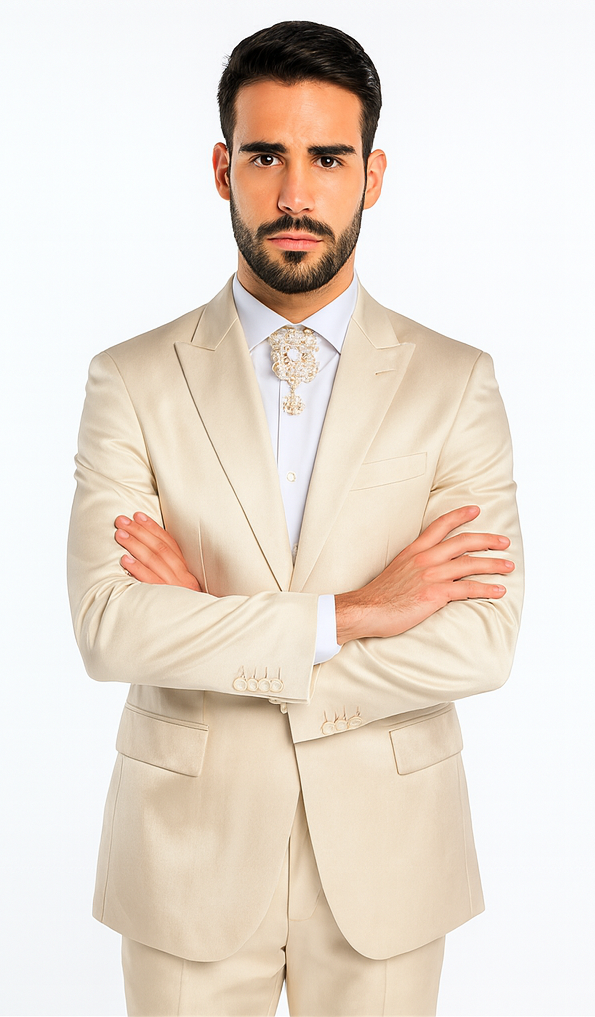 Rossi Man LEO RM1609 Men’s Slim Fit 3-Piece Cream Suit – Formalwear for Special Occasions
