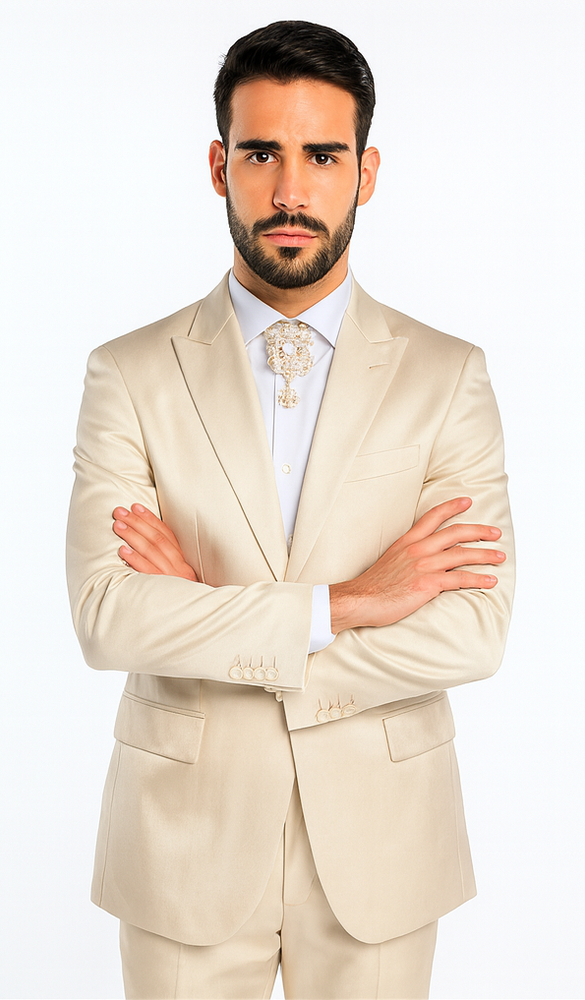 Rossi Man LEO RM1609 Men’s Slim Fit 3-Piece Cream Suit – Formalwear for Special Occasions