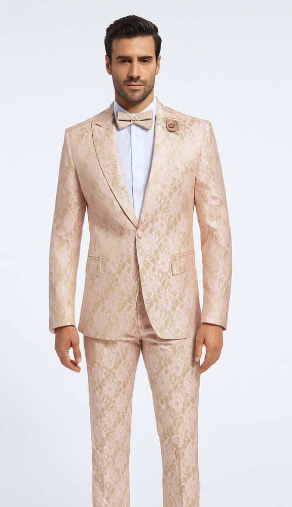 Rossi Man LEO RM1903 Men’s Slim Fit 3-Piece Pink & Gold Designer Tuxedo – Formalwear for Events