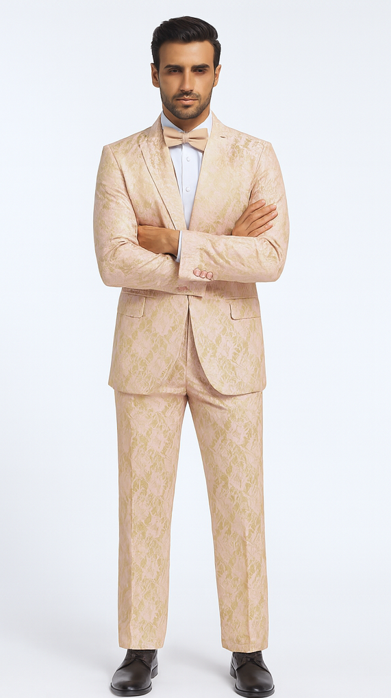 Rossi Man LEO RM1903 Men’s Slim Fit 3-Piece Pink & Gold Designer Tuxedo – Formalwear for Events