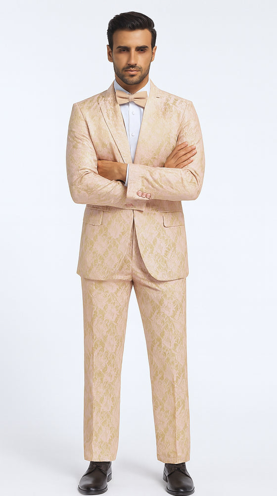 Rossi Man LEO RM1903 Men’s Slim Fit 3-Piece Pink & Gold Designer Tuxedo – Formalwear for Events