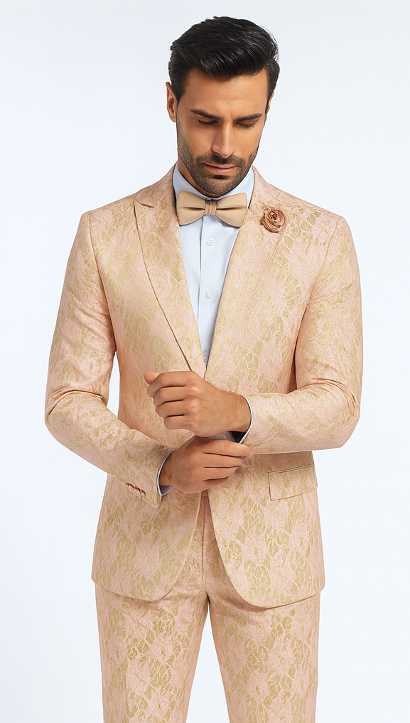 Rossi Man LEO RM1903 Men’s Slim Fit 3-Piece Pink & Gold Designer Tuxedo – Formalwear for Events