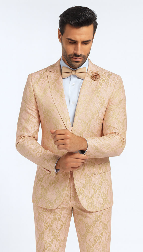 Rossi Man LEO RM1903 Men’s Slim Fit 3-Piece Pink & Gold Designer Tuxedo – Formalwear for Events