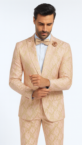 Rossi Man LEO RM1903 Men’s Slim Fit 3-Piece Pink & Gold Designer Tuxedo – Formalwear for Events