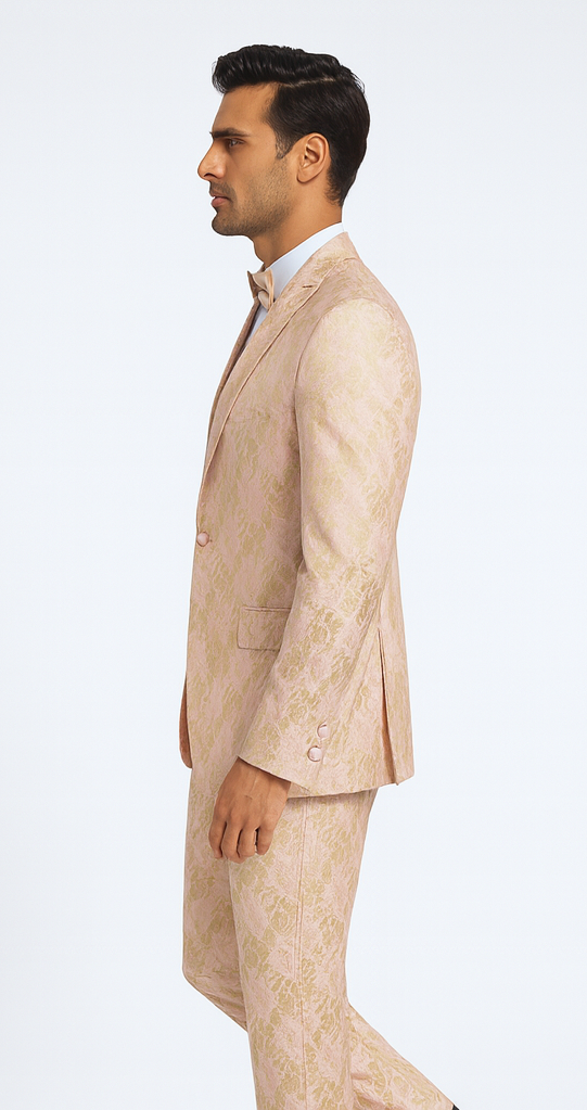 Rossi Man LEO RM1903 Men’s Slim Fit 3-Piece Pink & Gold Designer Tuxedo – Formalwear for Events