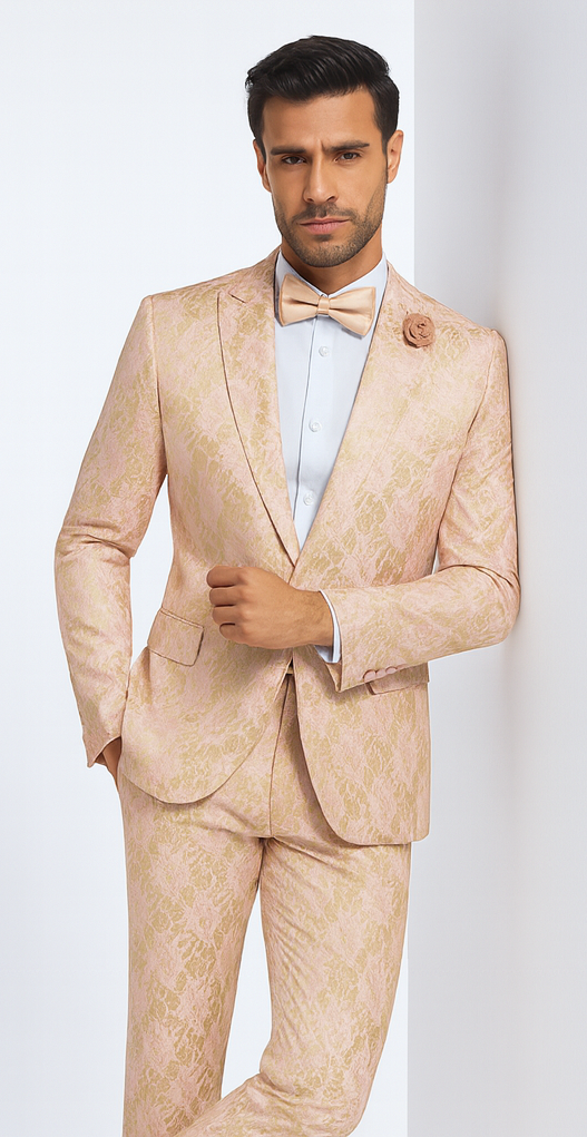 Rossi Man LEO RM1903 Men’s Slim Fit 3-Piece Pink & Gold Designer Tuxedo – Formalwear for Events