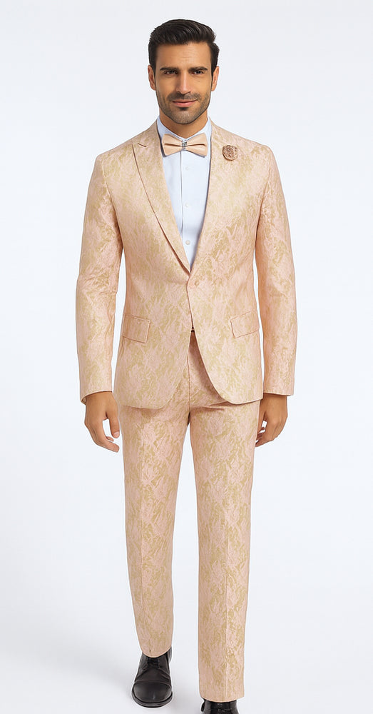 Rossi Man LEO RM1903 Men’s Slim Fit 3-Piece Pink & Gold Designer Tuxedo – Formalwear for Events