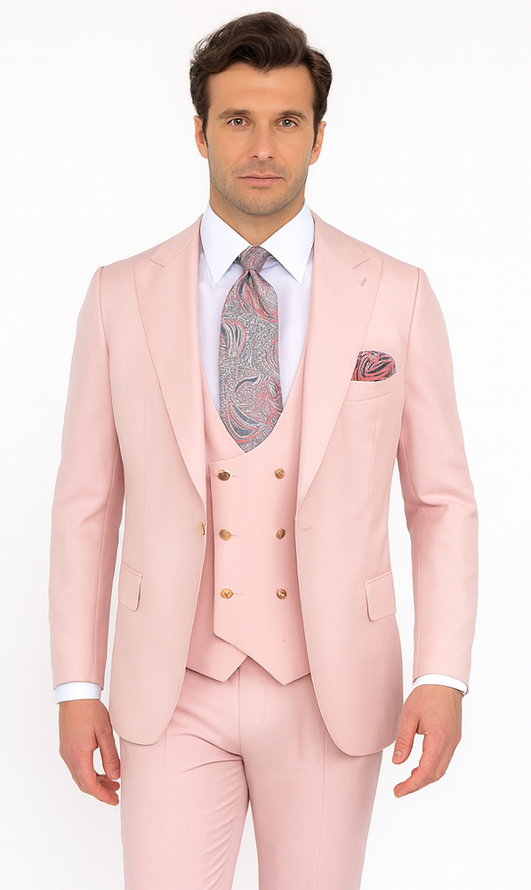 Rossi Man MAX RM1203 Slim Fit 3-Piece Suit – Solid Pink Formalwear for Men