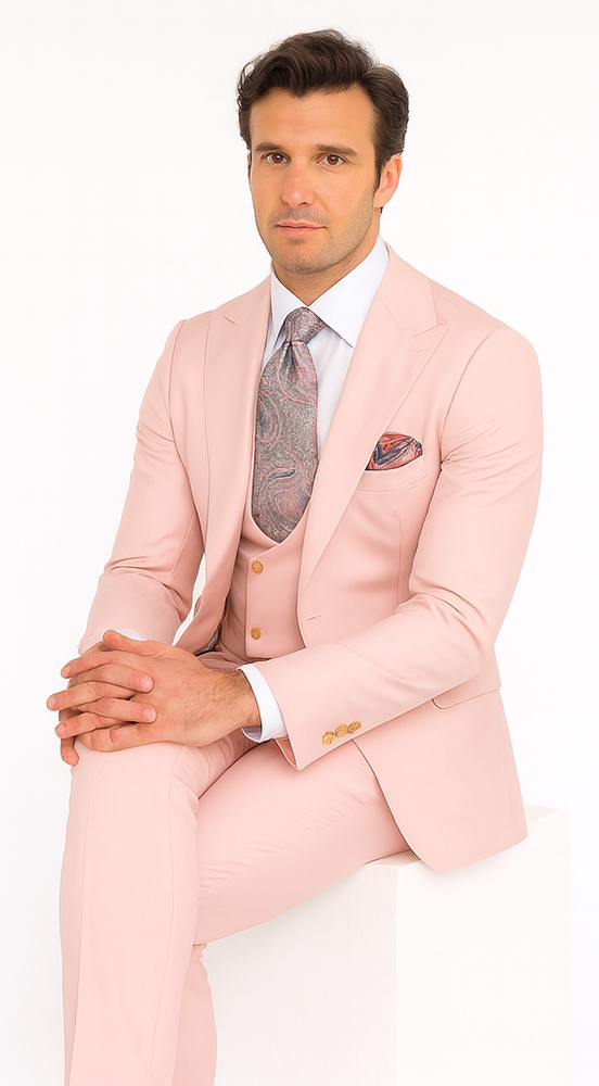 Rossi Man MAX RM1203 Slim Fit 3-Piece Suit – Solid Pink Formalwear for Men
