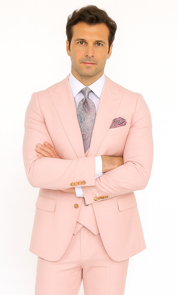 Rossi Man MAX RM1203 Slim Fit 3-Piece Suit – Solid Pink Formalwear for Men