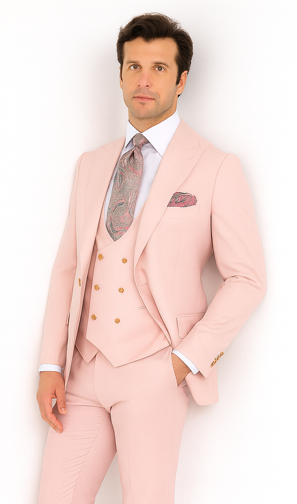 Rossi Man MAX RM1203 Slim Fit 3-Piece Suit – Solid Pink Formalwear for Men