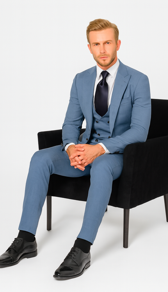 Rossi Man MAX RM1387 Slim Fit 3-Piece Suit –  Solid Blue Formalwear for Men