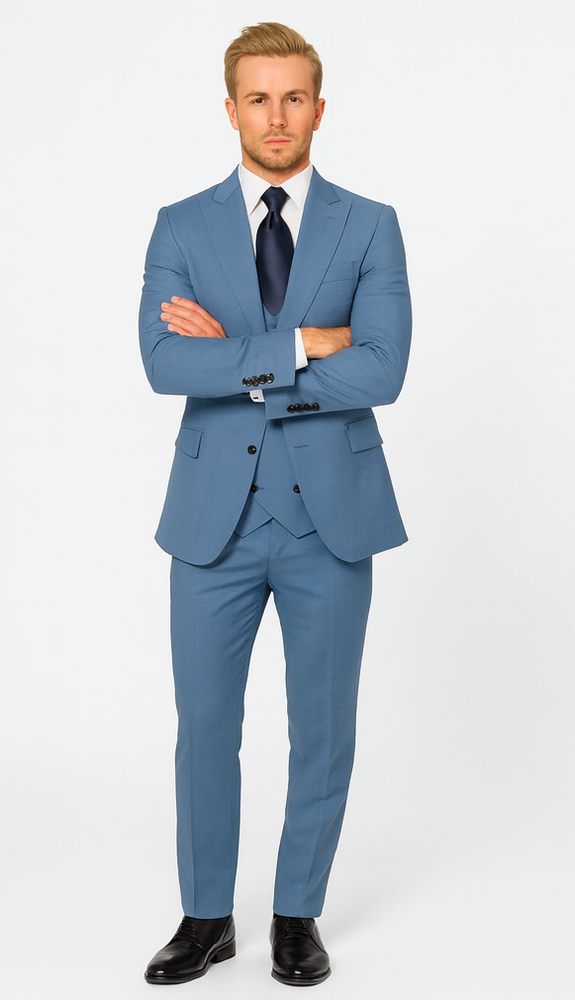 Rossi Man MAX RM1387 Slim Fit 3-Piece Suit –  Solid Blue Formalwear for Men