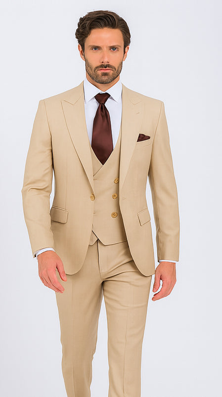 Rossi Man MAX RM1391 Beige Slim Fit 3-Piece Suit - Men’s Modern Formalwear