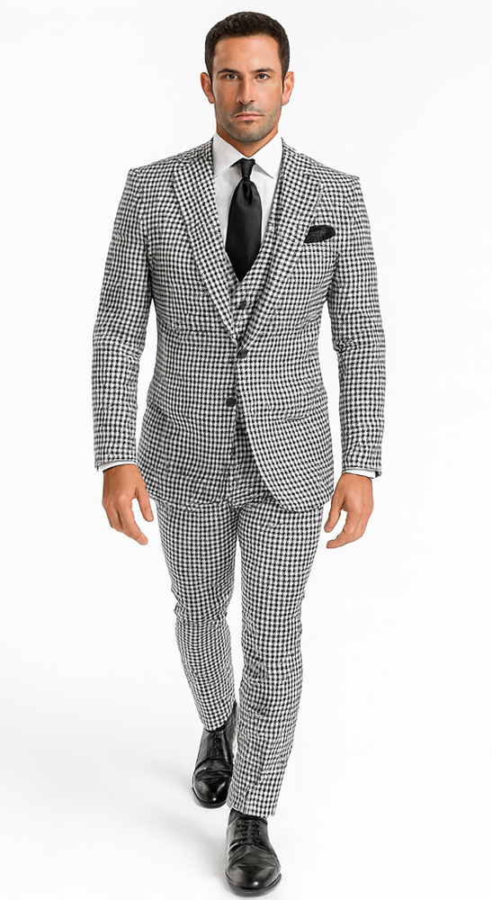 Rossi Man MAX RM1710 Slim Fit 3-Piece Black and White Houndstooth Suit