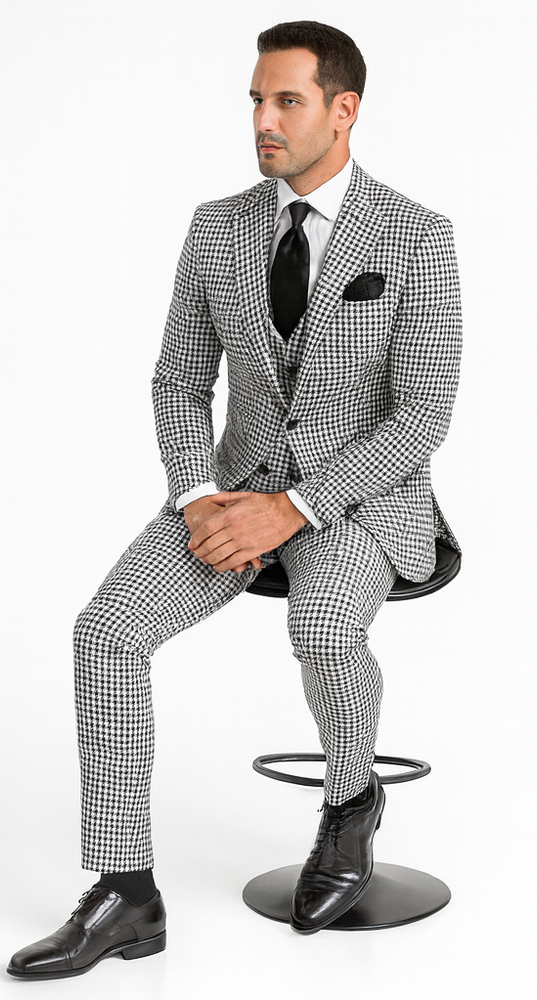 Rossi Man MAX RM1710 Slim Fit 3-Piece Black and White Houndstooth Suit