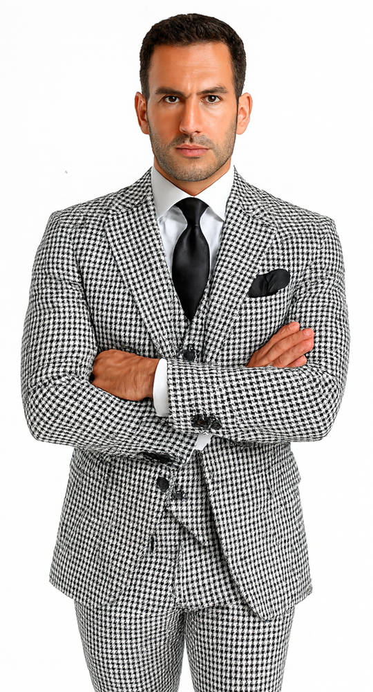 Rossi Man MAX RM1710 Slim Fit 3-Piece Black and White Houndstooth Suit